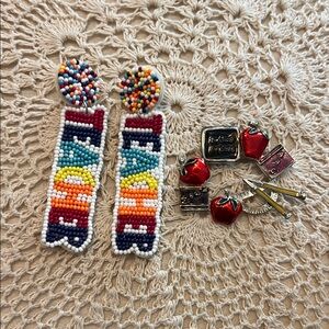 Teacher Jewelry Bundle Apple Brooch + Colorful Beaded Statement Earrings